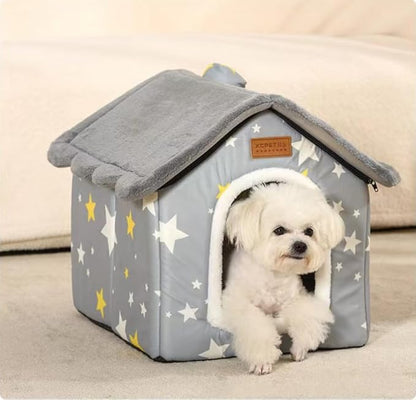 SEAHOME Foldable Dog House Kennel Bed Mat for Indoor Pets,Enclosed Warm Plush Sleeping Nest Bed with Removable Cushion,Covered Small Pet Condos Indoor Cat Hideaway (M, Grey)