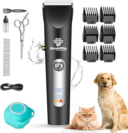 Grooming Kit for Dogs at Home - Rechargeable Low Noise Cat & Dog Clippers for Grooming Thick Hair - Cordless Grooming Clippers Includes Pet Hair Clippers, Nail Trimmer, Shears & Bath Brush