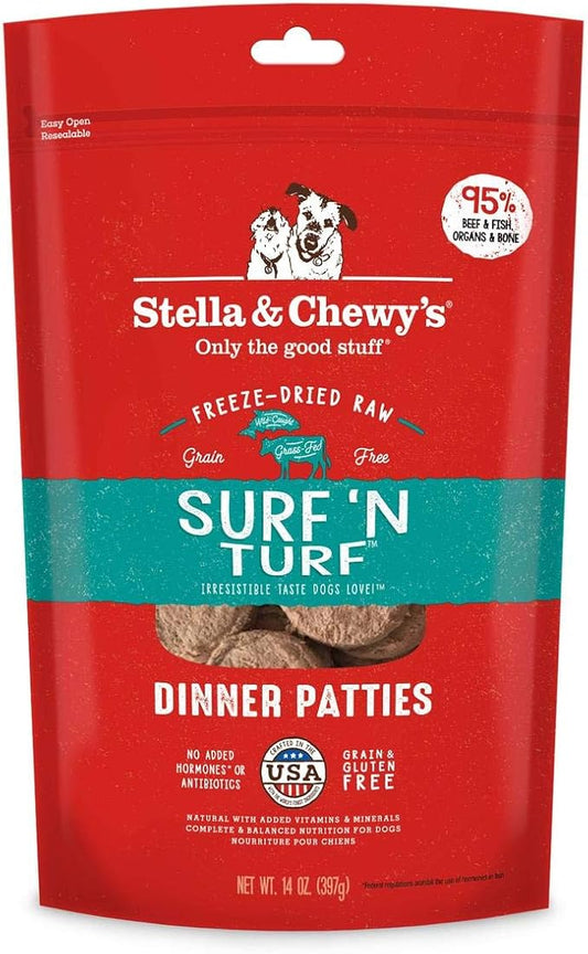 Stella & Chewy's Freeze Dried Raw Dinner Patties – Grain Free Dog Food, Protein Rich Surf ‘N Turf Salmon & Beef Recipe – 14 oz Bag