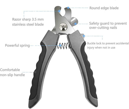 Pet Nail Clippers and Trimmers Set Safety Guard to Avoid Over Cutting Razor Sharp Blades Grooming Tool for All Small Large Dog Cat (Grey)
