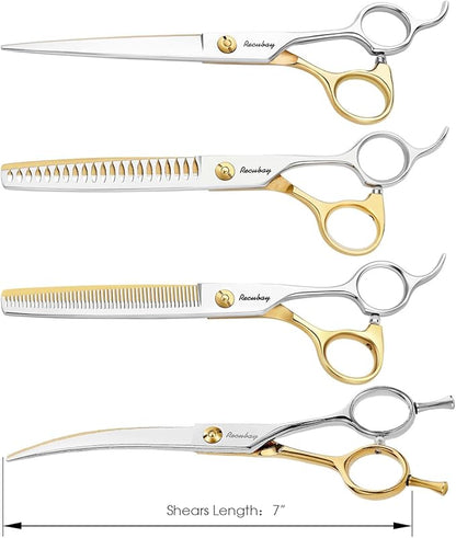 Dog Cat Scissors for Grooming, Pet Shears for Thick Coats and Matted Hair, Thinner Curved Straight Chunker Stainless Steel Shears Gold