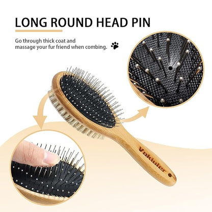 Dog Brush Cat Brush, Vokiuler Double Sided Bristle and Pin Pet Brush for Dog Grooming, Real Boar Bristle Shedding Brush with Bamboo Handle for Long Short Hair, 2 Pack Dog Comb, White