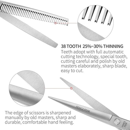 Fenice Peak 3pcs Dog Grooming Scissors Set Straight Thinning Curved Shears Stainless Steel Shears for Pet Grooming Sharp and Durable with Case Suitable for home users and Professional Groomer