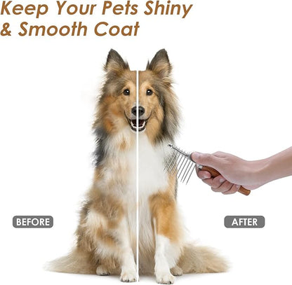 Dog Dematting Comb with Wooden Handle & Detangling Brush - Stainless Steel Undercoat Rake for Long & Thick Haired Dogs & Cats, Professional Grooming Tool for Deshedding and Matted Fur Removal