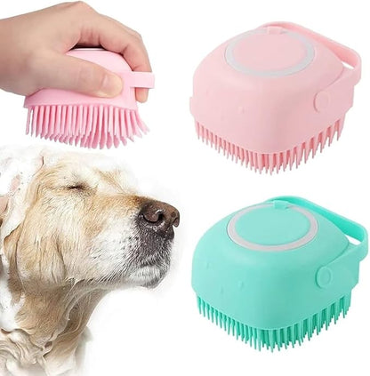 Pet Brush and Shampoo Dispensing Tool for Dogs and Cats - 2-in-1 Deshedding Tool with Soft Silicone Bristles - Cute Animal Design, Massager and Exfoliating Hair Wash Brush (Baby Blue)