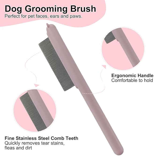 Cute Plastic Dog Comb with Stainless Steel Bristles and Furry Ears Design - Pet Grooming Tool for Removing Dirt and Tangles （Pink）