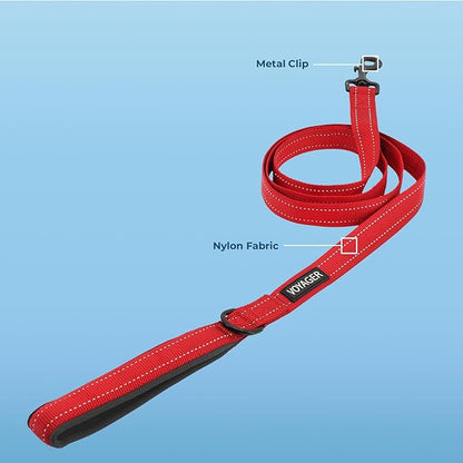 Voyager Reflective Dog Leash with Neoprene Handle, 5ft Long, Supports Small, Medium, and Large Breed Puppies, Cute and Heavy Duty for Walking, Running, and Training - Red (Leash), L