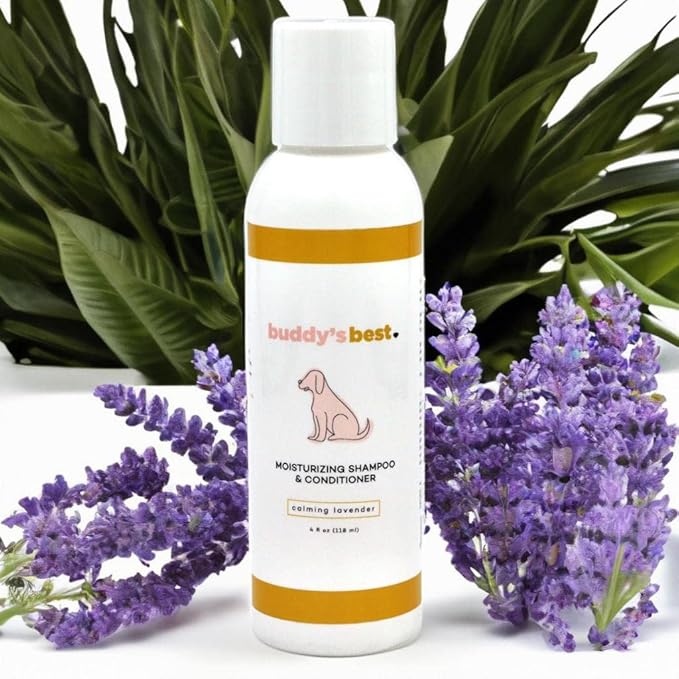 Buddy’s Best 4oz Travel-Size Dog Shampoo and Conditioner with Shea Butter, Oatmeal, Biotin, and Aloe Vera, Alcohol-Free Deep Moisturizer for Dry, Itchy Skin and Coats (Calming Lavender)