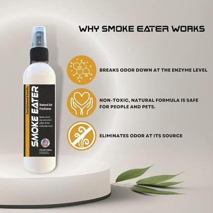 Smoke Eater All Purpose Odor Eliminator - Breaks Down Foul Scents at the Molecular Level - Smoke, Food, Pet and Stale Odor - Ideal For The Home, Apartment Cars, Boats - 4 oz Travel Bottle