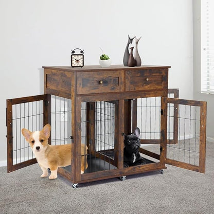 Double Dog Crate Furniture with 2 Drawers,Wooden Dog Crate End Table,2 Dogs Wooden Dog Cage Dog House for Small/Medium/Large