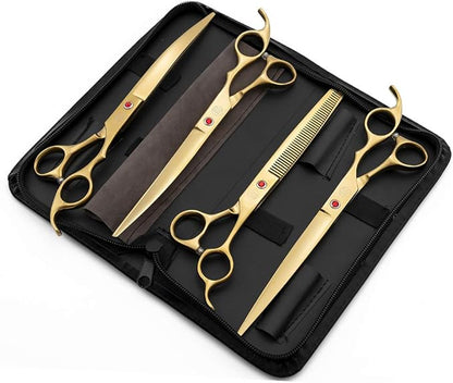 Moontay Professional 8.0" Dog Grooming Scissors Set, 4-pieces Straight, Upward Curved, Downward Curved, Thinning/Blending Shears for Dog, Cat and Pets, JP Stainless Steel, Gold