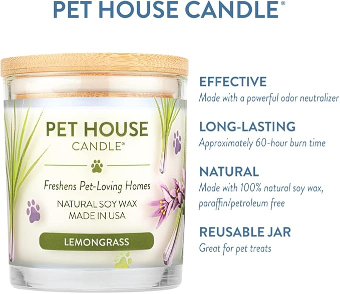 Pet House 9 oz Lemongrass Scented Pet Odor Candle, Clean Burning, Long Lasting, Plant Based Spring, Summer Scented Soy Candles, 60 Hour Burn Time, Pack of 2
