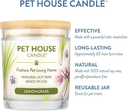 Pet House 9 oz Lemongrass Scented Pet Odor Candle, Clean Burning, Long Lasting, Plant Based Spring, Summer Scented Soy Candles, 60 Hour Burn Time, Pack of 2