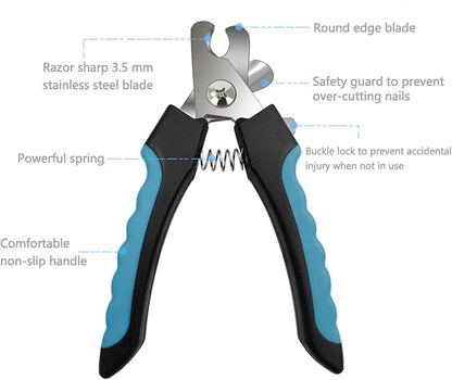 Pet Nail Clippers and Trimmers Set Safety Guard to Avoid Over Cutting Razor Sharp Blades Grooming Tool for All Small Large Dog Cat (Blue/Black)