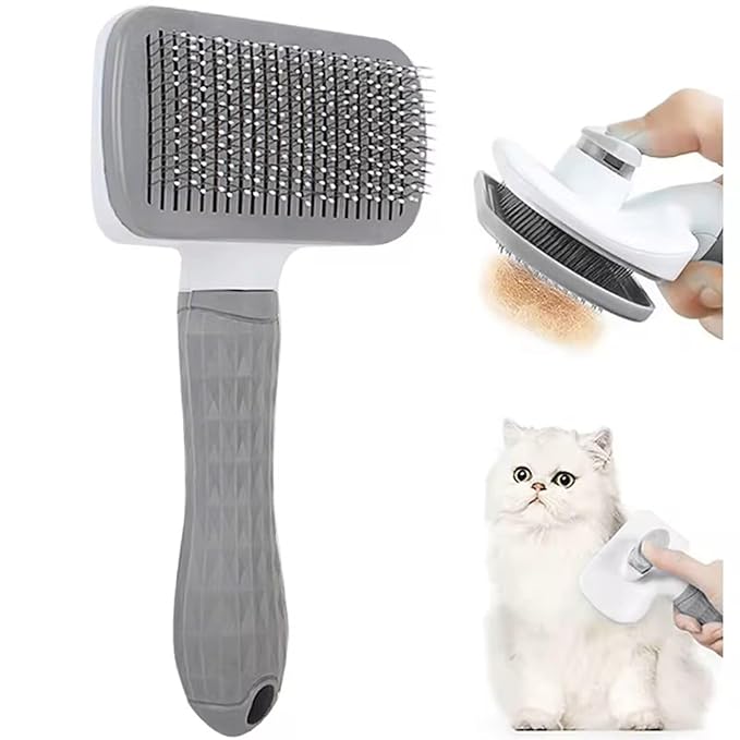 Pet Grooming Brush, Gray - Self Cleaning Dematting Comb for Cats and Dogs, Bristles with Massage Particles, Ergonomic Handle Design, Easy to Use, for Long or Short Hair Breeds, Stainless Steel
