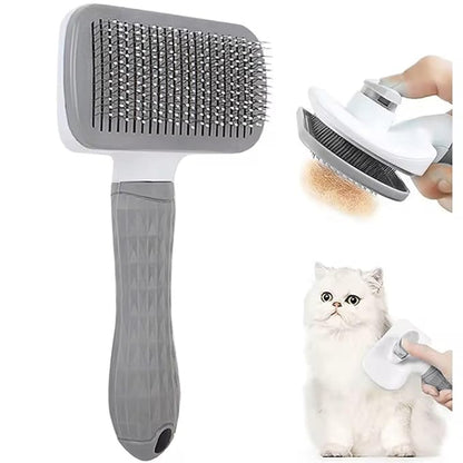 Pet Grooming Brush, Gray - Self Cleaning Dematting Comb for Cats and Dogs, Bristles with Massage Particles, Ergonomic Handle Design, Easy to Use, for Long or Short Hair Breeds, Stainless Steel