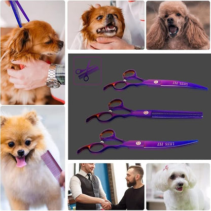LILYS PET Professional PET DOG Grooming Coated Titanium scissors suit Cutting&Curved&Thinning shears (8.0 inches, Purple)…