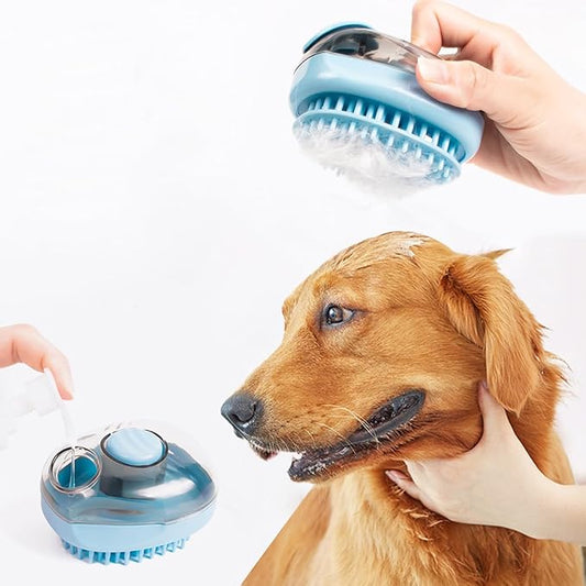 Pet Bath Scrubber with Shampoo Dispenser – Washing & Grooming Tool for Cats and Dogs, Removes Loose Fur for Long/Short Hair (Blue)
