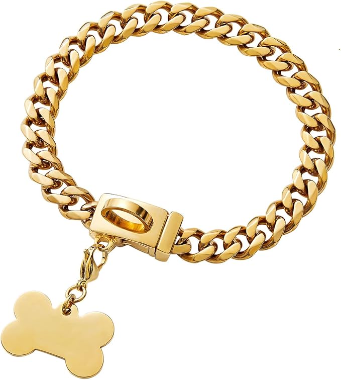 Gold Chain Dog Collar,13MM Strong Stainless Steel Cuban Link Chain Necklace Collar for Small Dogs(10'' Length)