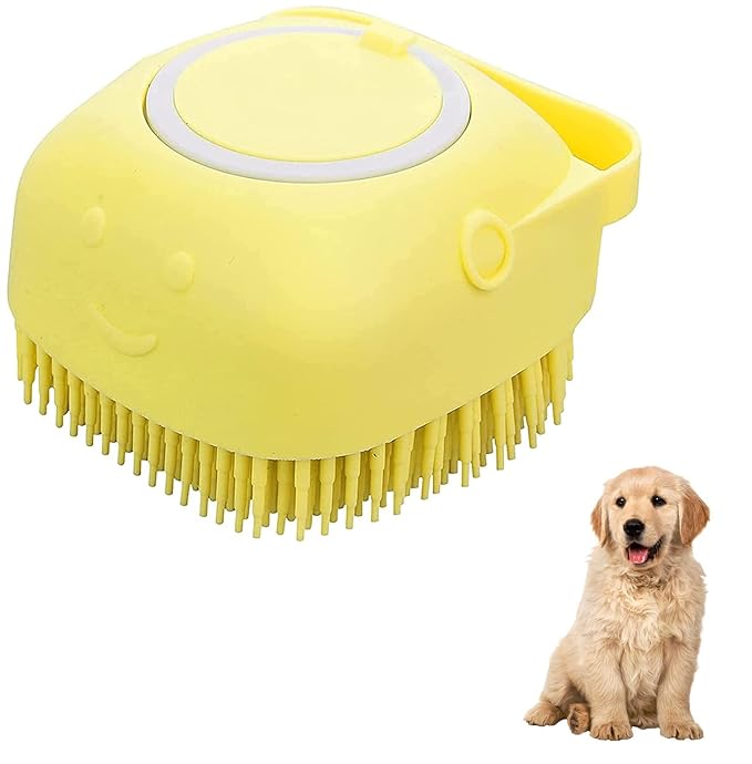 Silicone Pet Grooming Brush for Short and Long-Haired Dogs, Cats, and Puppies - Cleaning and Washing (Yellow)
