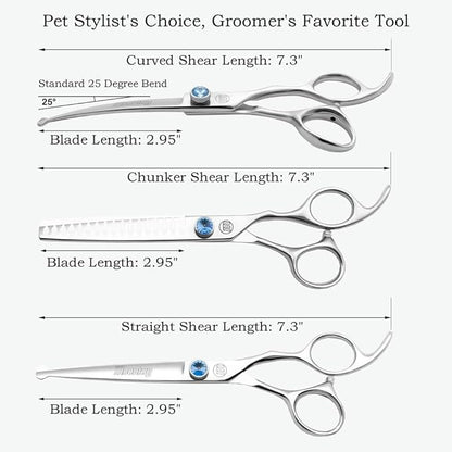 Moontay Professional Dog Grooming Straight, Curved, Thinning/Blending/Chunking Scissors Kit, JP-440C Stainless Steel Pet Cat Hair Cutting/Trimming Shears, Silver