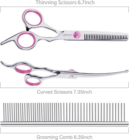 Dog Grooming Scissors Kit with Safety Round Tips, 3 in 1 Professional Dog Grooming Scissors, 4CR Stainless Steel Pet Grooming Shears for Dog, Cat,Sharp and Durable, Pink
