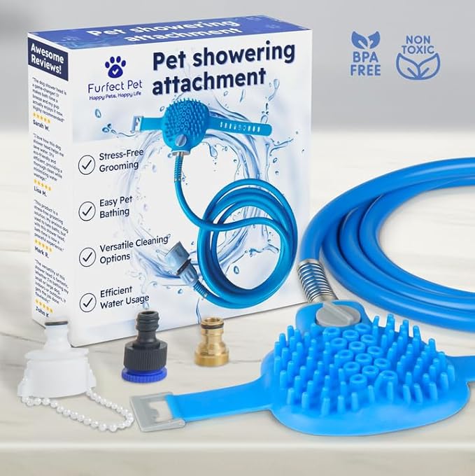 FurfectPet Pet Shower Hose Attachment-Soothing Massage Soft Silicone Bristles for Long Short Haired Dogs & Cats Washing - Pet Grooming - With Hose and Shower Attachment