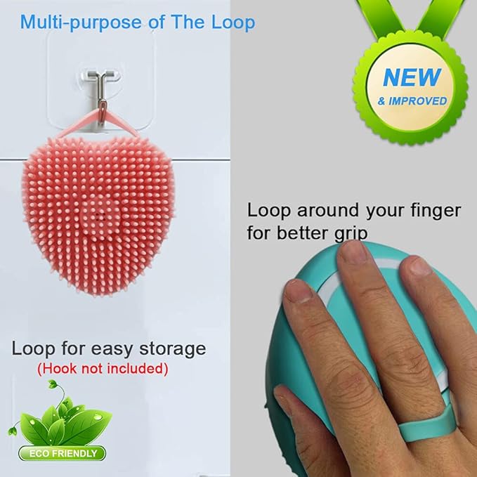 OTAVILEM Body Scrubber with Soap Dispenser for Shower, 3 Pack Silicone Exfoliating Brushes, Soft Body Exfoliator, Bath Loofah for Babies, Kids, Women, Men and Pets, 3 Colors (Heart Shaped)
