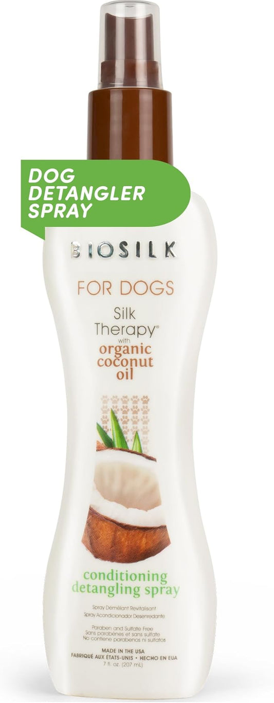 BioSilk Silk Therapy Conditioning Detangling Spray for Dogs with Natural Coconut Oil - Dog Matted Hair Detangler Conditioner for Dogs, Dematting Grooming Supplies, 7 Fl Oz