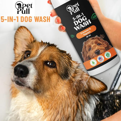5-in-1 Dog Wash - Plant Based Dog Grooming Supplies for Dogs Cleanses - Skin Care Dog Wash Shampoo - Sulfate Free, All Natural Puppy Wash -Coconut and Papaya Scent -Made in USA (16 Fl Oz)