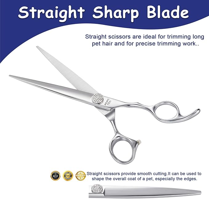 Professional Straight Dog Grooming Scissors with Simulation Diamond 440C Stainless Steel Polished Pet Cat Hair Cutting Shears for Groomers and Home users 8''