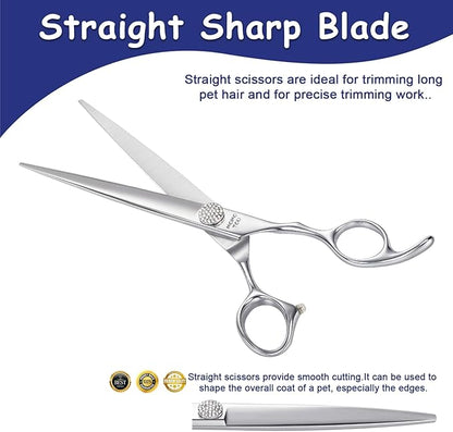 Professional Straight Dog Grooming Scissors with Simulation Diamond 440C Stainless Steel Polished Pet Cat Hair Cutting Shears for Groomers and Home users 8''