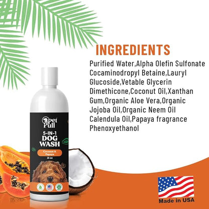 5-in-1 Dog Wash - Plant Based Dog Grooming Supplies for Dogs Cleanses - Skin Care Dog Wash Shampoo - Sulfate Free, All Natural Puppy Wash -Coconut and Papaya Scent -Made in USA (16 Fl Oz)