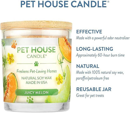 Pet House 9 oz Juicy Melon Scented Pet Odor Candle, Clean Burning, Long Lasting, Plant Based Spring, Summer Scented Soy Candles, 60 Hour Burn Time, Pack of 2