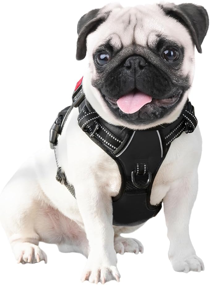PHOEPET Reflective Dog Harness Large Breed Adjustable No Pull Vest with Handle 2 Metal Rings 3 Buckles [Easy to Put on & Take Off](XL, Black)