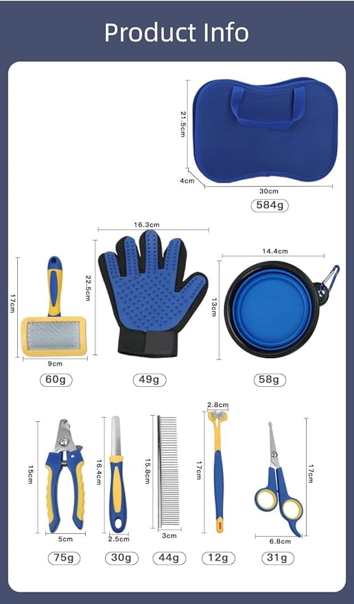 TSINGS Pet Grooming Tools 8-Piece Kit with Hair Comb, Steel Comb, Nail Clipper, File, Hair Clipper, Toothbrush, Bowl and Hair Removal Gloves