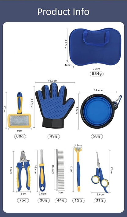 TSINGS Pet Grooming Tools 8-Piece Kit with Hair Comb, Steel Comb, Nail Clipper, File, Hair Clipper, Toothbrush, Bowl and Hair Removal Gloves
