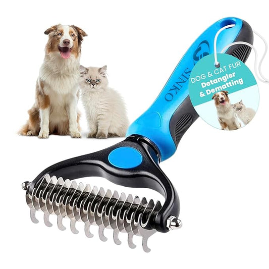 Sinko Undercoat Rake for Dogs & Cats, Dematting Comb with Extra Wide Double-Sided Stainless Teeth for Detangling, Deshedding, Brushing & Removing Shed Fur, Knots, Mats, and Tangles in Pets (Blue)