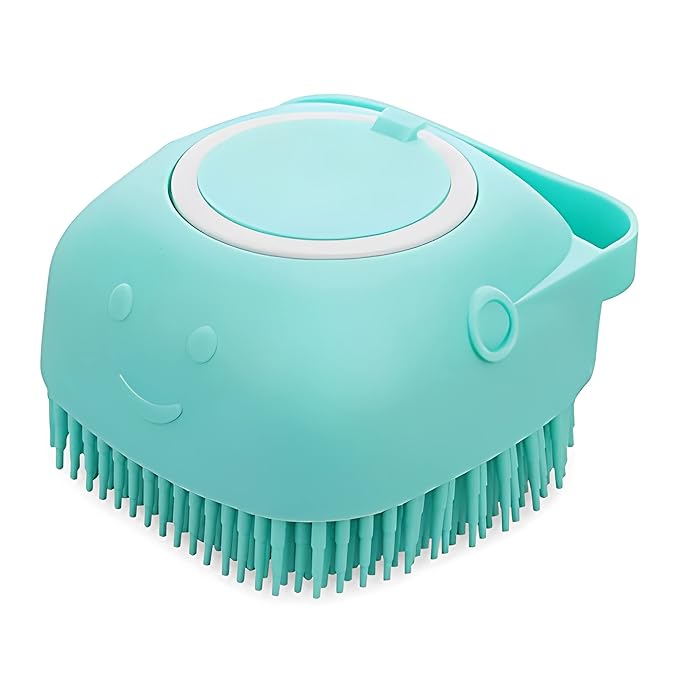 Pet Brush and Shampoo Dispensing Tool for Dogs and Cats - 2-in-1 Deshedding Tool with Soft Silicone Bristles - Cute Animal Design, Massager and Exfoliating Hair Wash Brush (Baby Blue)