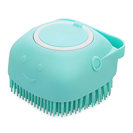 Pet Brush and Shampoo Dispensing Tool for Dogs and Cats - 2-in-1 Deshedding Tool with Soft Silicone Bristles - Cute Animal Design, Massager and Exfoliating Hair Wash Brush (Baby Blue)