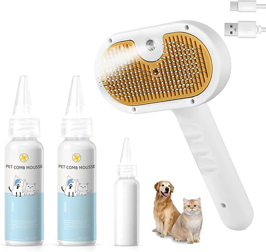 Pet Steam Brush for Dog & Cat – 3-in-1 Spray Hair Removal Comb – Steam for Shedding & Grooming – Water Brush for Long & Short Haired Pets – Spritz Defur Comb – Includes Waterless Shampoo