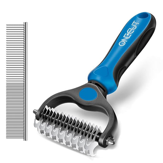 OneCut Pet Grooming Brush and Metal Comb Combo, Pet Grooming Rake and Brushes for Small, Medium & Large Dogs Double Sided Deshedding Tool Removes Knots and Tangled Hair (Blue)