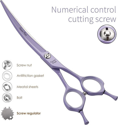Fenice Peak Curved Dog Grooming Scissors with Violet Color Coating 440C Stainless Steel Pet Grooming Bending Shears Sharp and Durable Comfortable Engonomic Handle