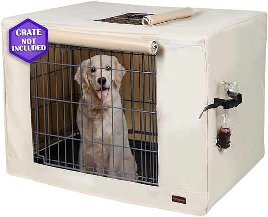 Dog Crate Cover 48 Inch - Waterproof Kennel Cover with Top Window, 600D Oxford Fabric Dog Cage Cover Fit for Most Double Door Wire Crate, Unique Drinking Hole Design, Beige (Cover Only)