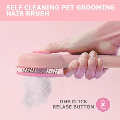 Pet Grooming Brush Kit for Cat and Dog, Hair Massage Cleaner with Release Button, 2 Flea Combs for Shedding Removing Tangles Loose Fur Self Cleaning Accessories, Pink (3 Pieces Set)