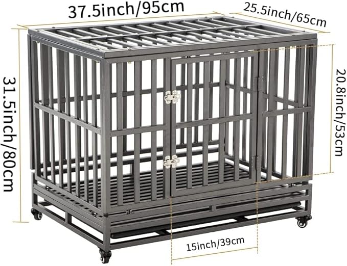 KELIXU 38” Heavy Duty Dog Crate Large Dog Cage Metal Dog Kennels and Crates for Large Dogs Indoor Outdoor with Locks, Lockable Wheels and Removable Tray, Easy to Install, Black
