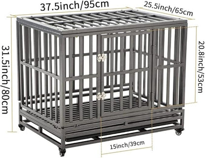 KELIXU 38” Heavy Duty Dog Crate Large Dog Cage Metal Dog Kennels and Crates for Large Dogs Indoor Outdoor with Locks, Lockable Wheels and Removable Tray, Easy to Install, Black
