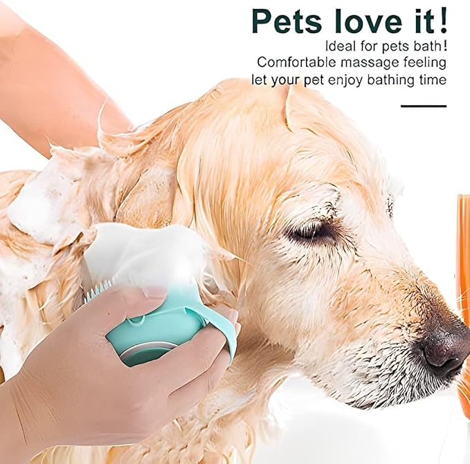 Pet Brush and Shampoo Dispensing Tool for Dogs and Cats - 2-in-1 Deshedding Tool with Soft Silicone Bristles - Cute Animal Design, Massager and Exfoliating Hair Wash Brush (Baby Blue)