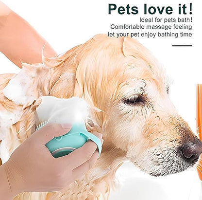 Pet Brush and Shampoo Dispensing Tool for Dogs and Cats - 2-in-1 Deshedding Tool with Soft Silicone Bristles - Cute Animal Design, Massager and Exfoliating Hair Wash Brush (Baby Blue)