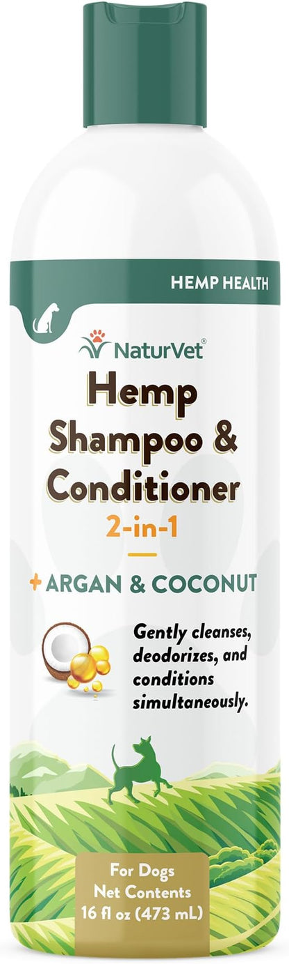 NaturVet Hemp Shampoo & Conditioner 2-in-1 with Argan and Coconut for Dogs, 16oz Liquid, Made in The USA